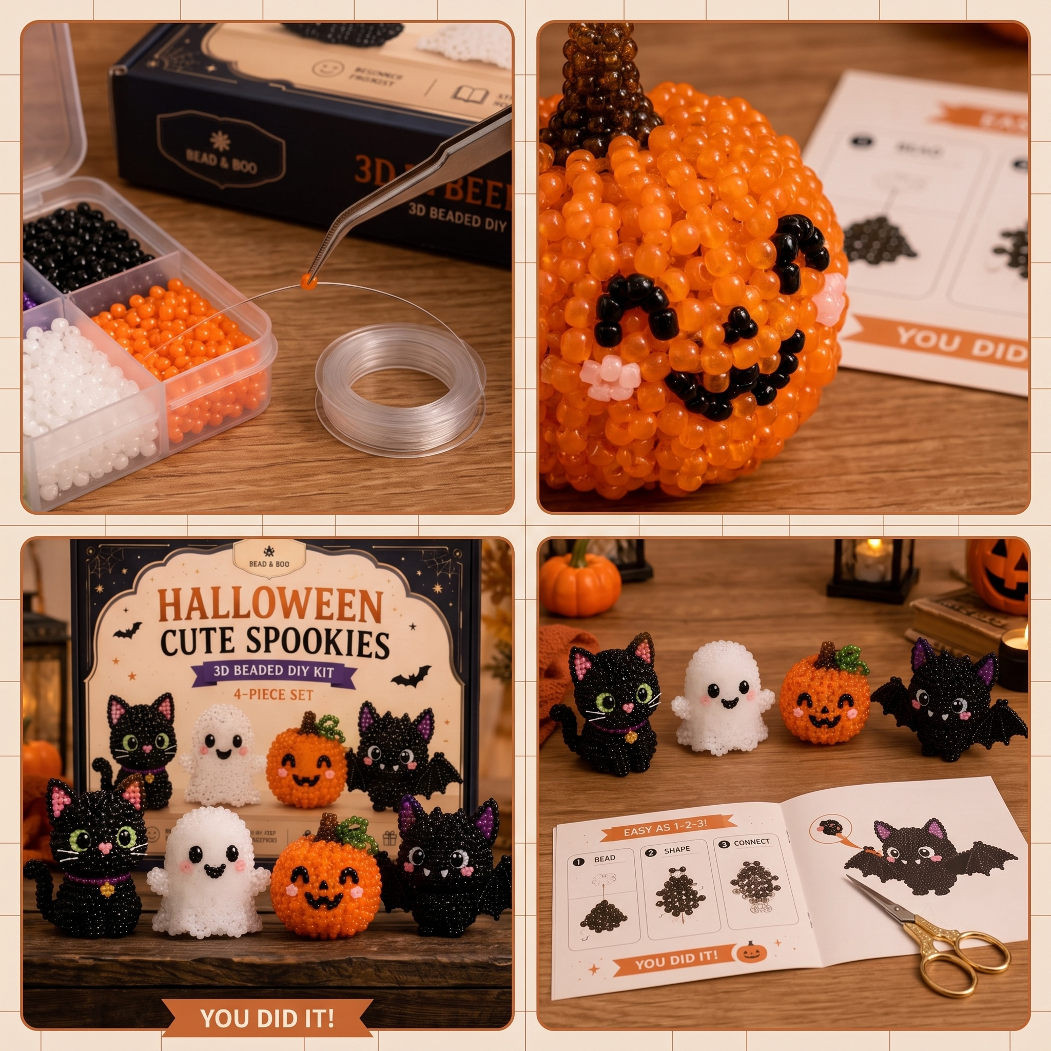 Halloween Cute Spookies 3D Beaded DIY Kit - 4 Piece Craft Set (Cat, Ghost, Pumpkin, Bat)