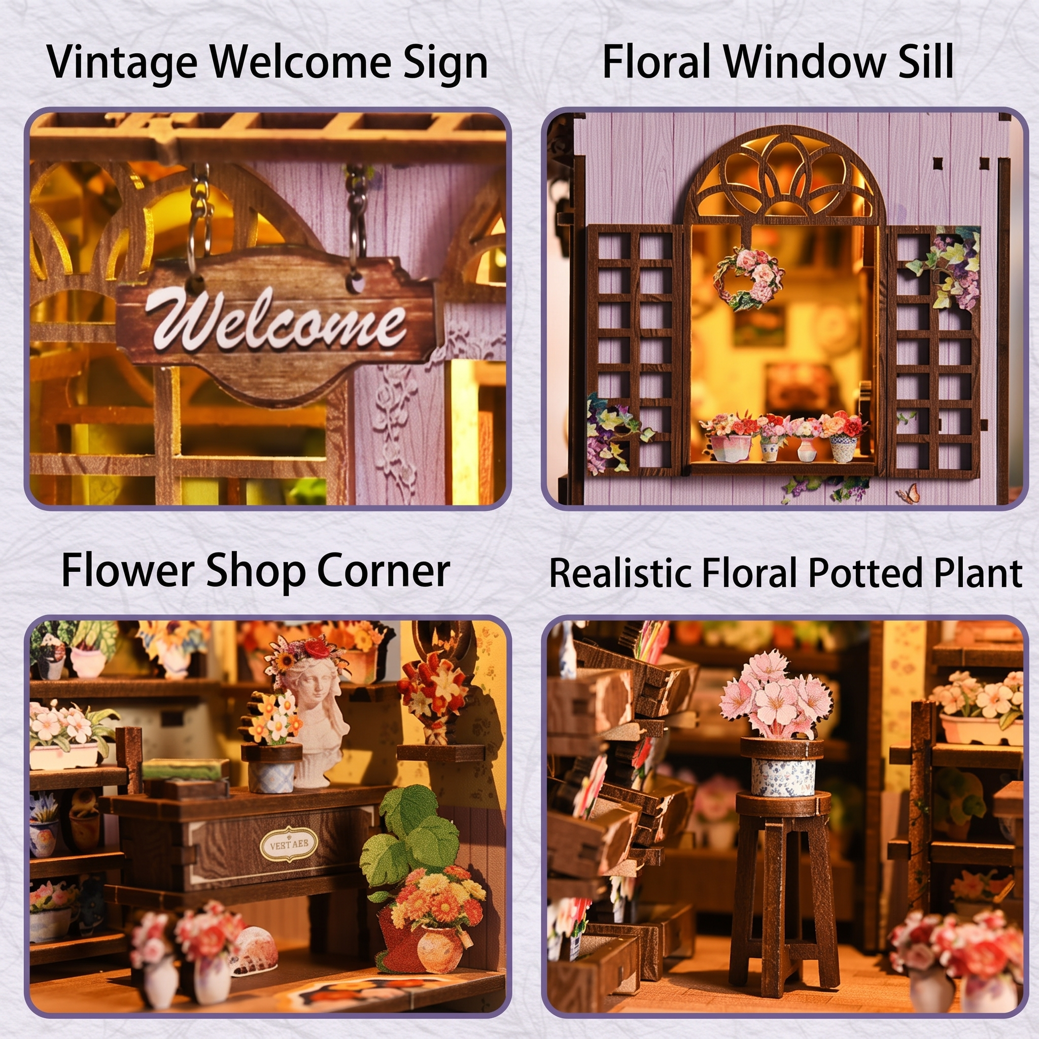 Quiet Corner Flower House DIY Miniature Book Nook Kit | 3D Wooden Puzzle Dollhouse with Touch LED Lights