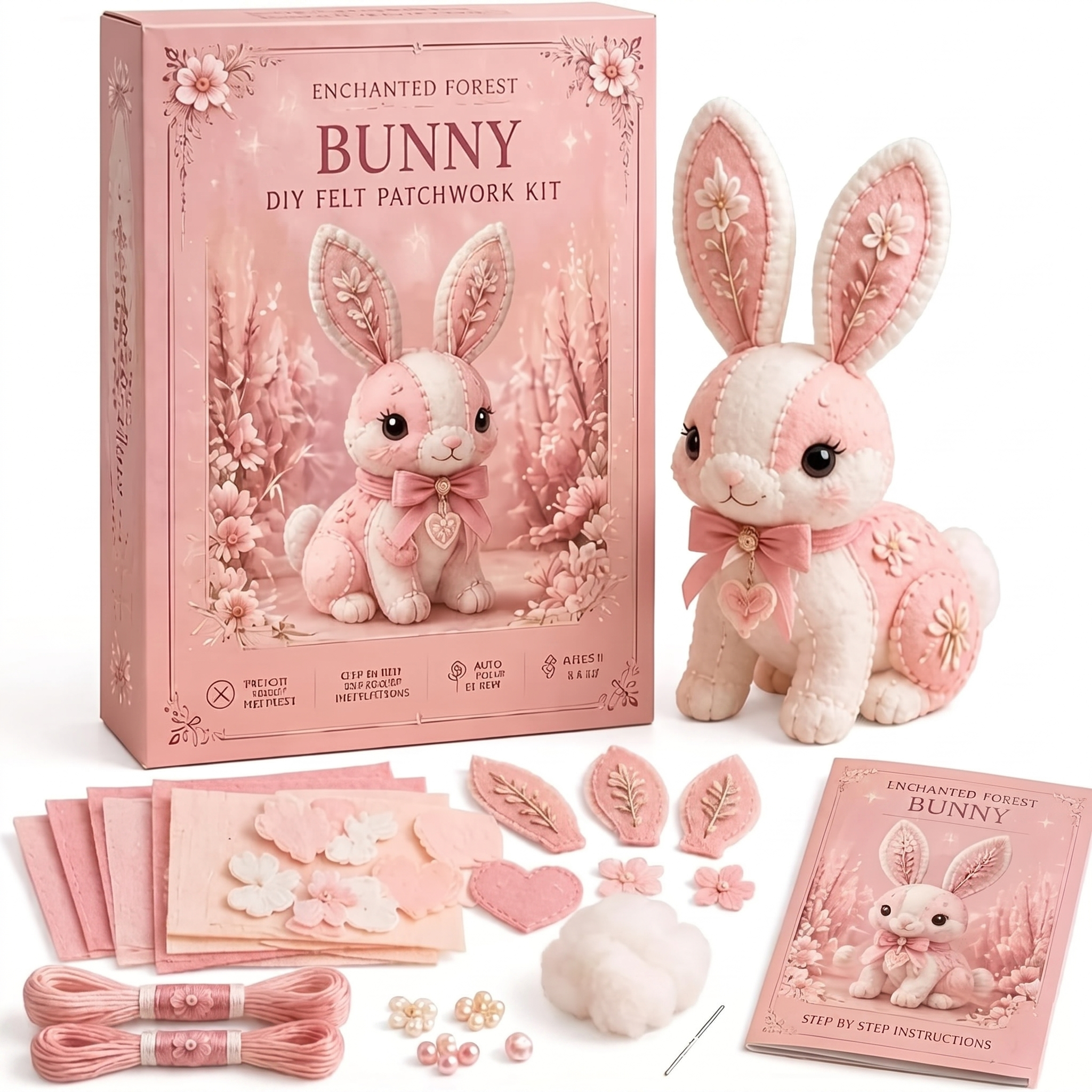 Enchanted Pink Woodland Friends DIY Felt Patchwork Kit | Collectible Animal Craft Set