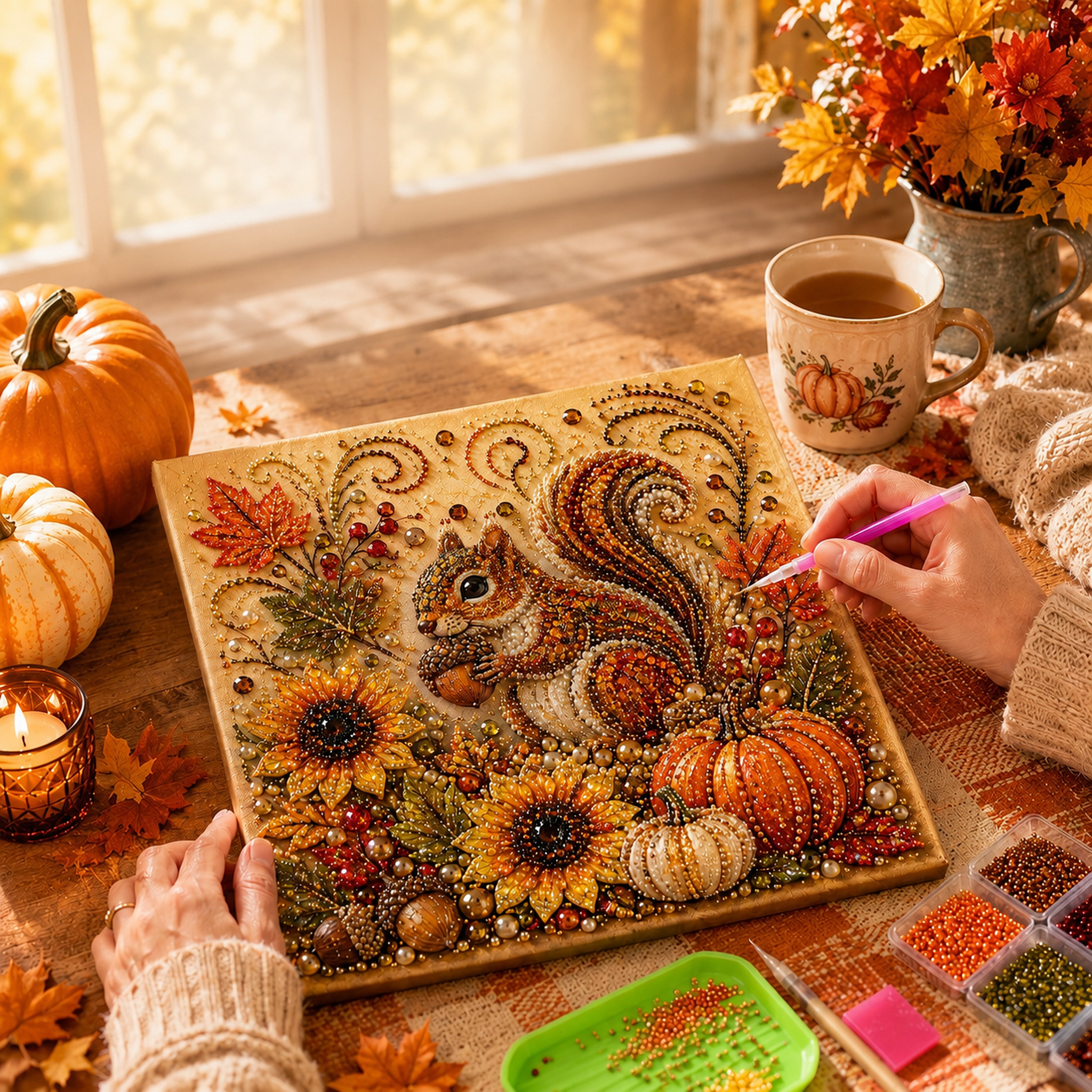 Fall Decor DIY Craft: Sparkling Autumn Pearl Painting Canvas (6 Styles)