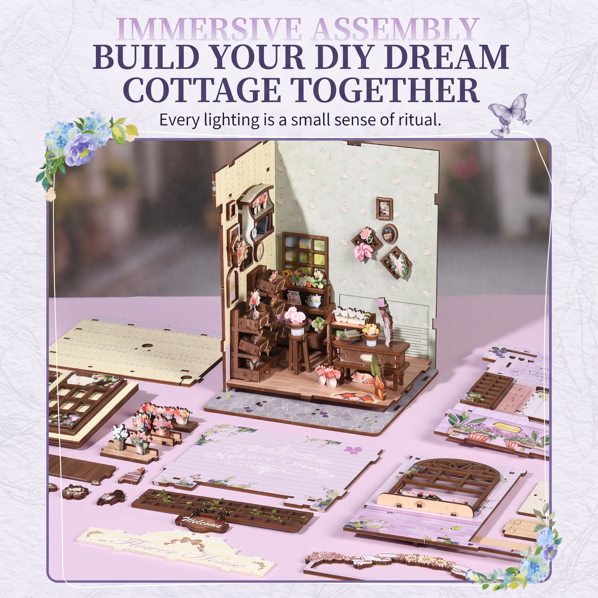 Quiet Corner Flower House DIY Miniature Book Nook Kit | 3D Wooden Puzzle Dollhouse with Touch LED Lights