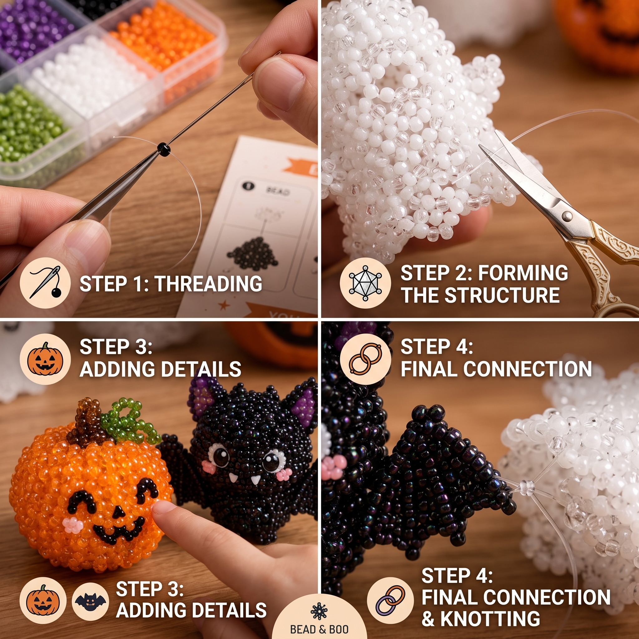 Halloween Cute Spookies 3D Beaded DIY Kit - 4 Piece Craft Set (Cat, Ghost, Pumpkin, Bat)