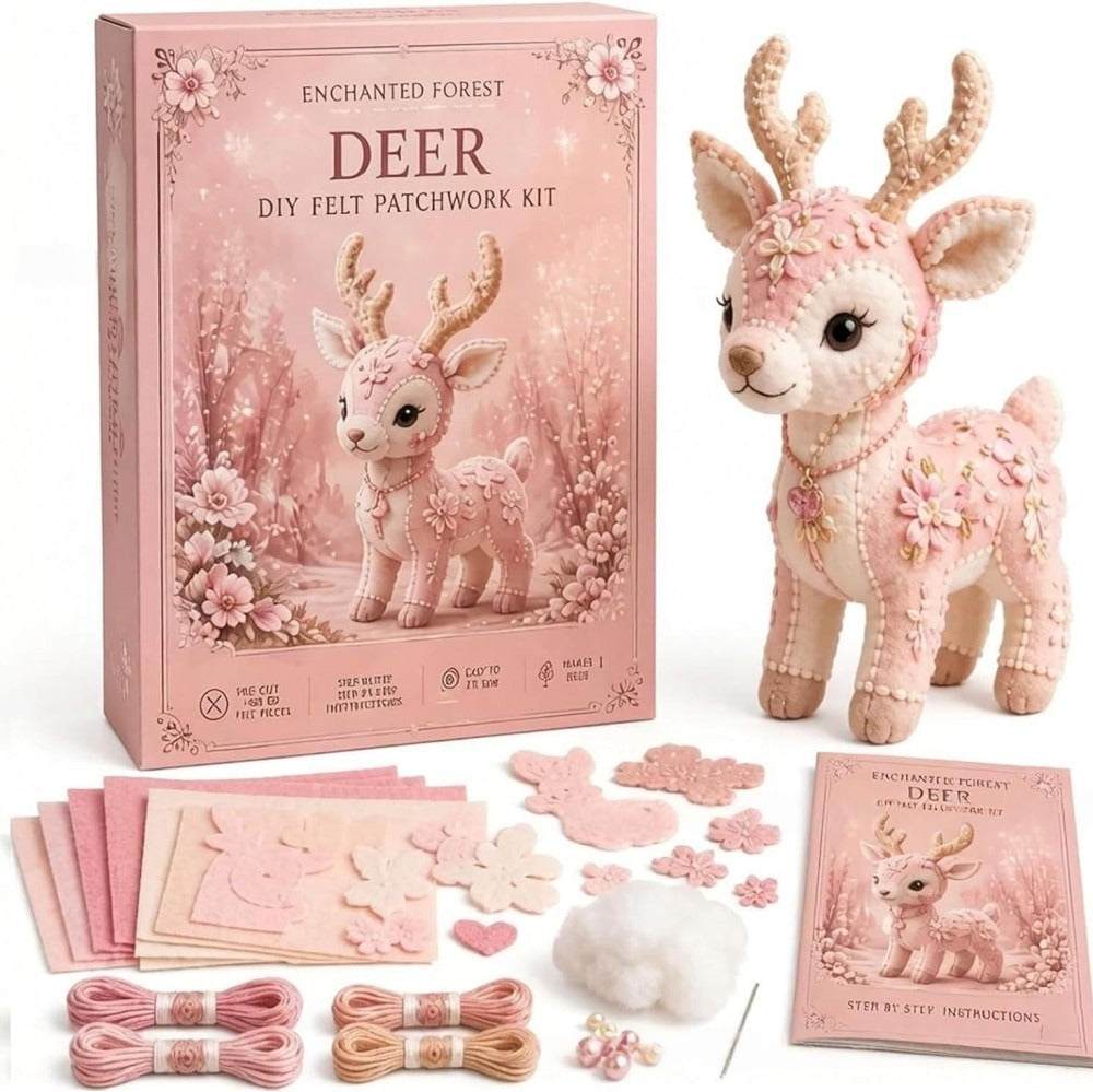 Enchanted Pink Woodland Friends DIY Felt Patchwork Kit | Collectible Animal Craft Set