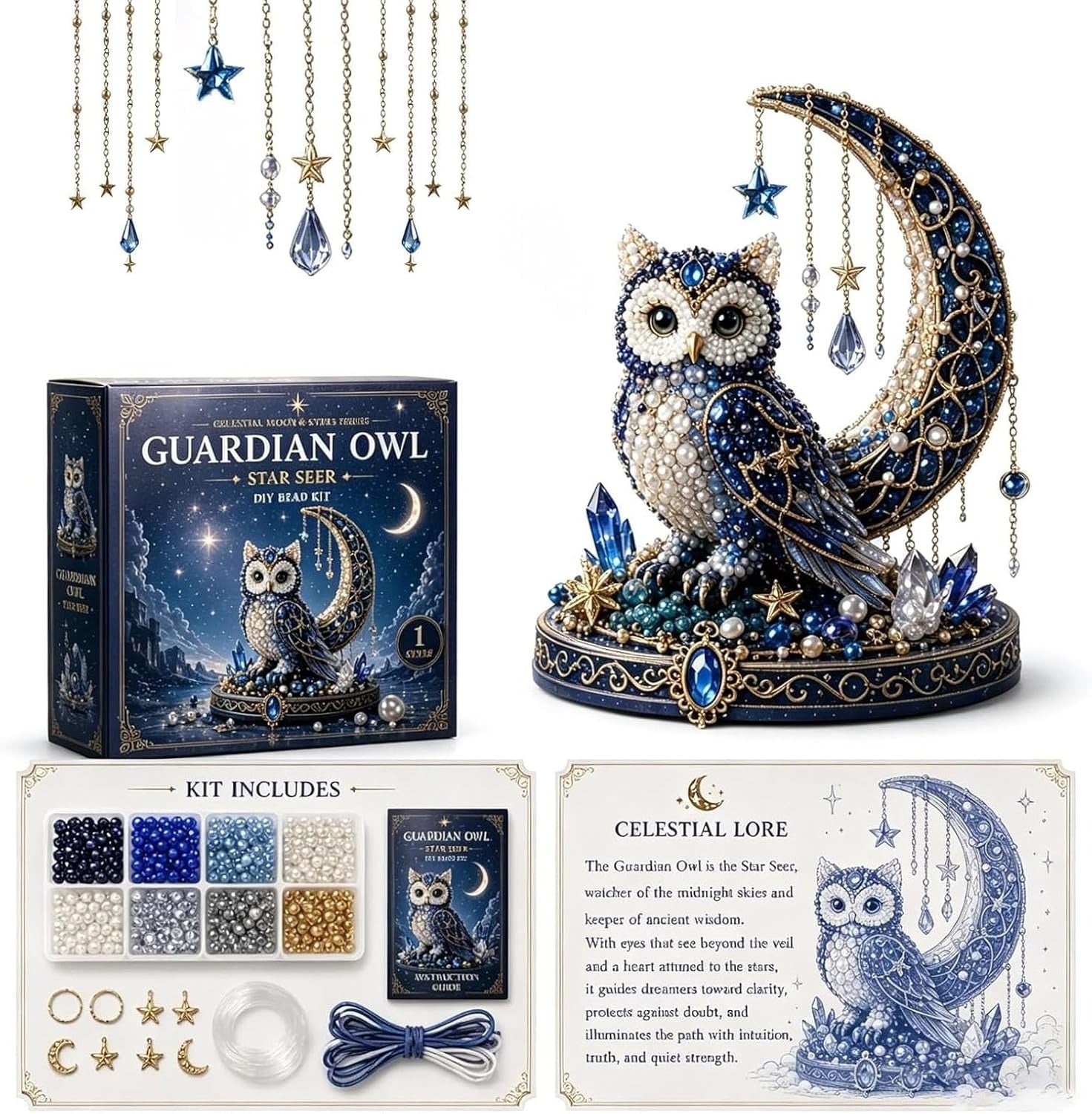 Moon Cat Luna Guardian DIY Bead Kit, Funny 3D Beaded Celestial Moon Stars Craft Kit, Creative Manual Jewelry Art Craft, Gifts for Adults、Beginners、Stargazing Enthusiasts& DIY Craft Lovers