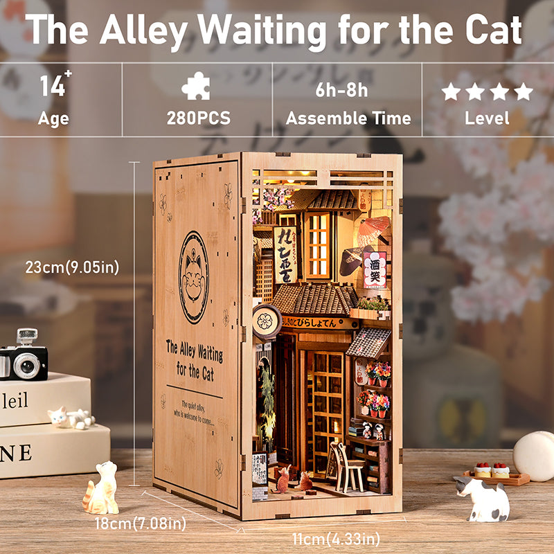 The Alley Waiting for the Cat - Japanese Street DIY Wooden Book Nook Kit with LED Touch Light