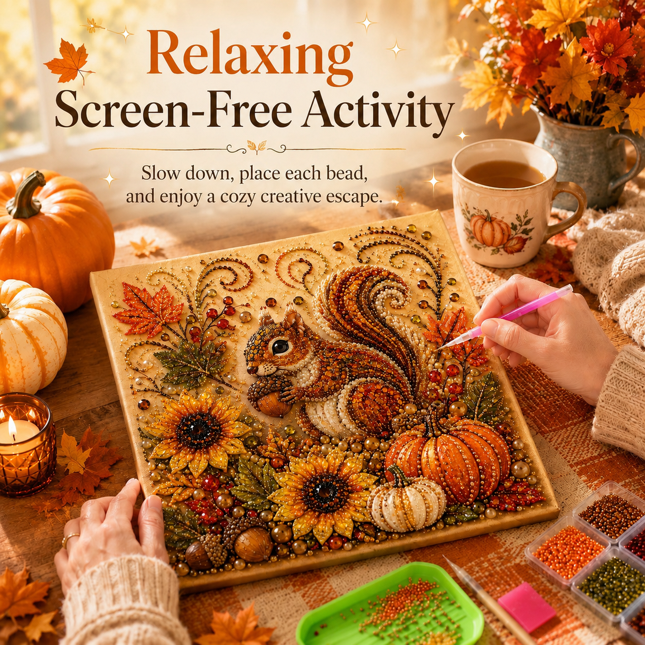 Fall Decor DIY Craft: Sparkling Autumn Pearl Painting Canvas (6 Styles)