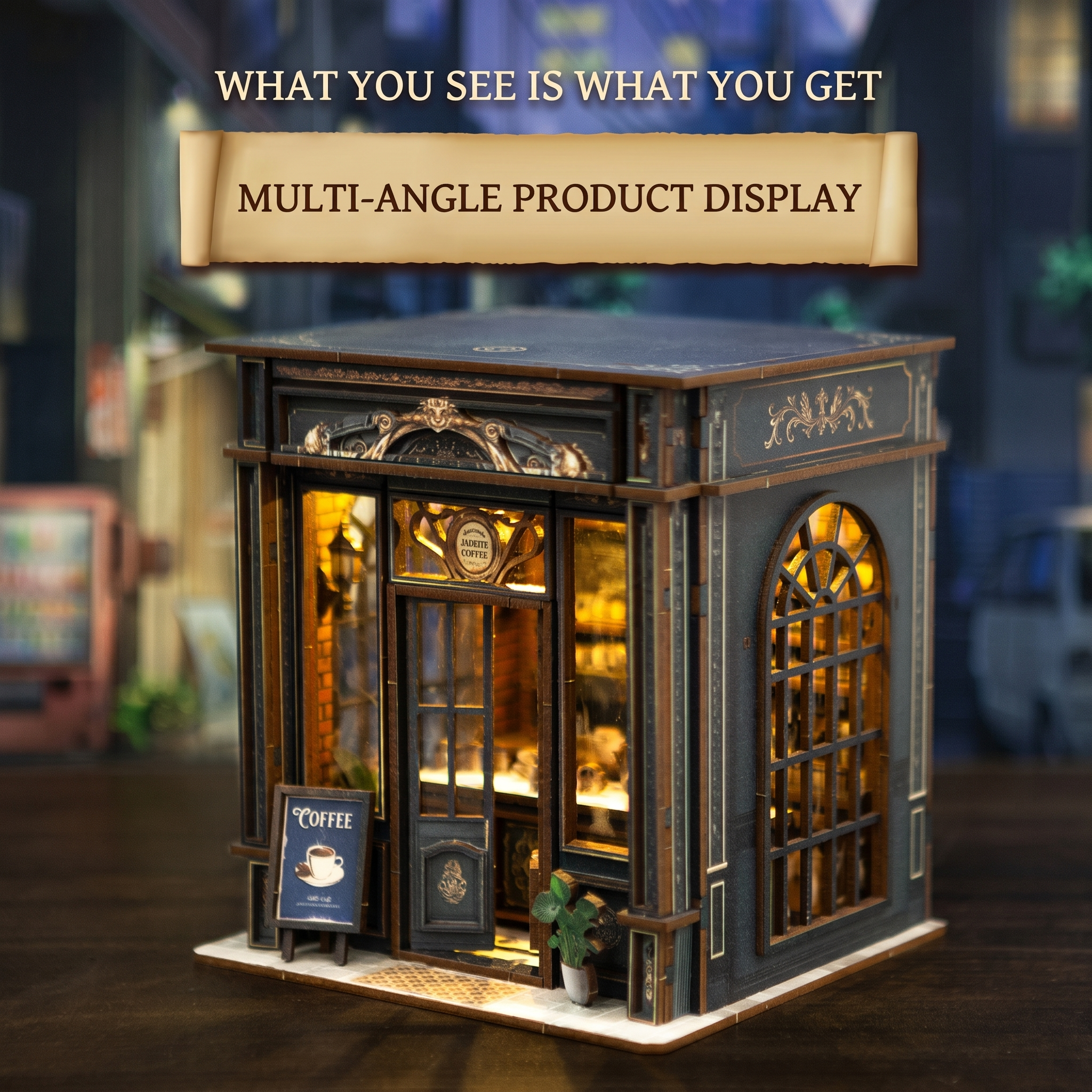 Green Crystal Coffee Shop Miniature House | Vintage 3D DIY Wooden Puzzle with LED Lights