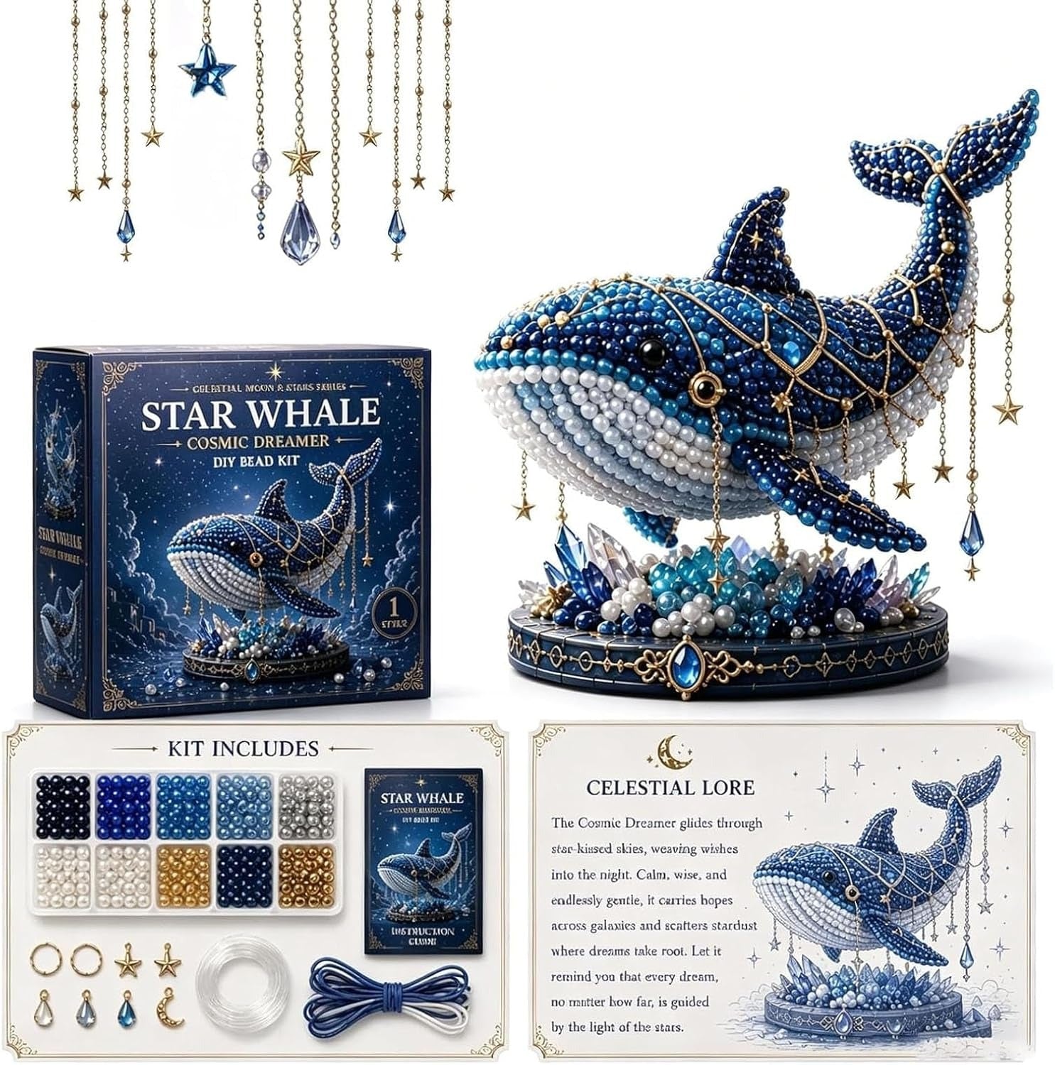 Moon Cat Luna Guardian DIY Bead Kit, Funny 3D Beaded Celestial Moon Stars Craft Kit, Creative Manual Jewelry Art Craft, Gifts for Adults、Beginners、Stargazing Enthusiasts& DIY Craft Lovers