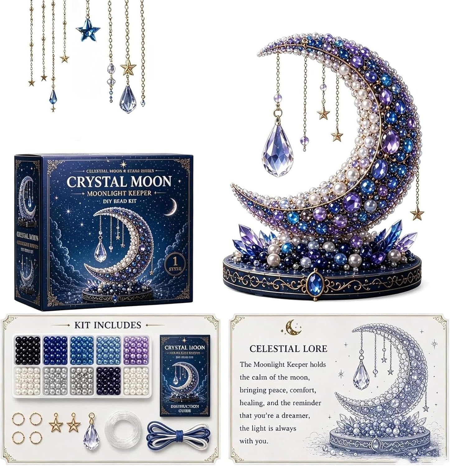 Moon Cat Luna Guardian DIY Bead Kit, Funny 3D Beaded Celestial Moon Stars Craft Kit, Creative Manual Jewelry Art Craft, Gifts for Adults、Beginners、Stargazing Enthusiasts& DIY Craft Lovers
