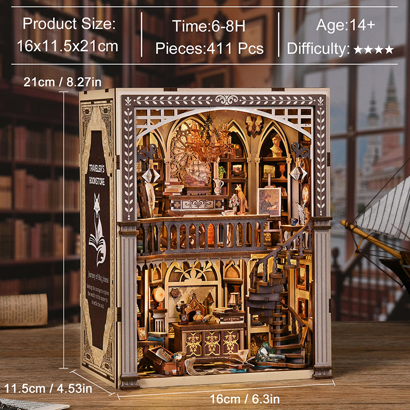 Traveler's Bookstore DIY Book Nook Kit - Vintage 3D Wooden Puzzle Dollhouse with Touch LED Light (411 PCS)