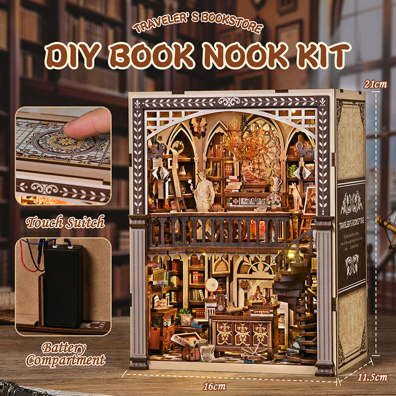 Traveler's Bookstore DIY Book Nook Kit - Vintage 3D Wooden Puzzle Dollhouse with Touch LED Light (411 PCS)