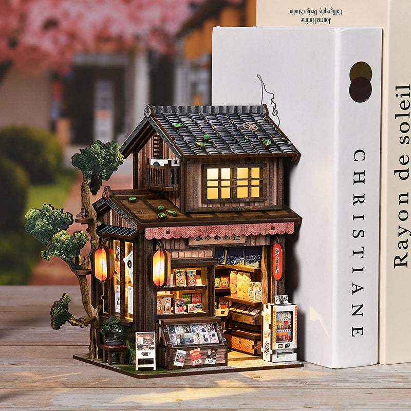 Kasuga Grocery Store DIY Miniature Book Nook - Retro Japanese 3D Wooden Puzzle with Touch LED Light (209 Pcs)