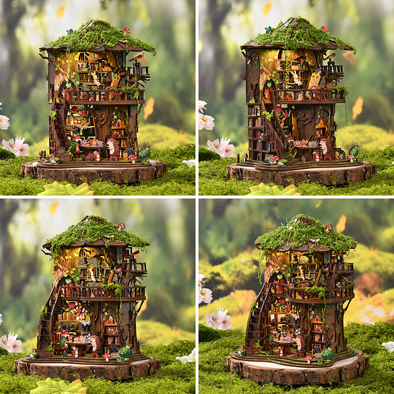 Forest Tea Book Club DIY Miniature Treehouse Kit - Magical 3D Wooden Puzzle with LED Light (410 PCS)