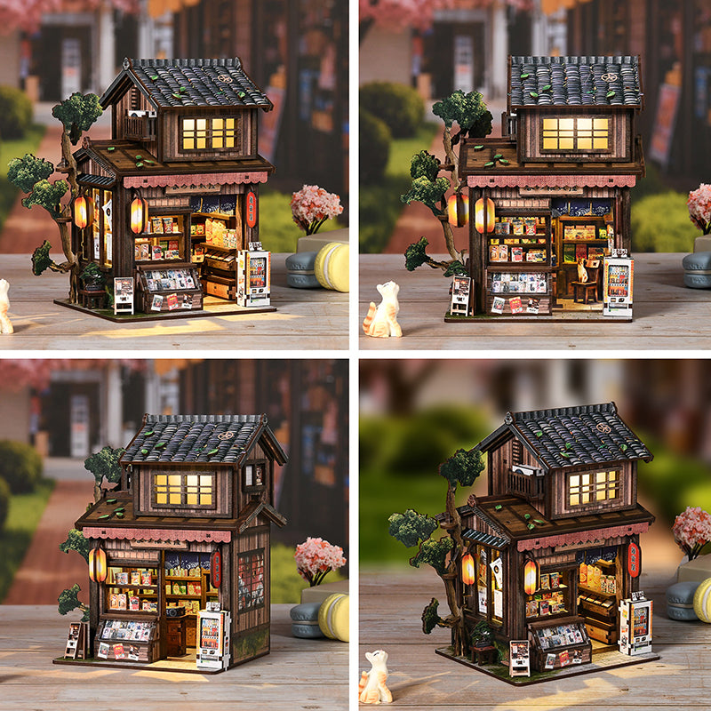 Kasuga Grocery Store DIY Miniature Book Nook - Retro Japanese 3D Wooden Puzzle with Touch LED Light (209 Pcs)