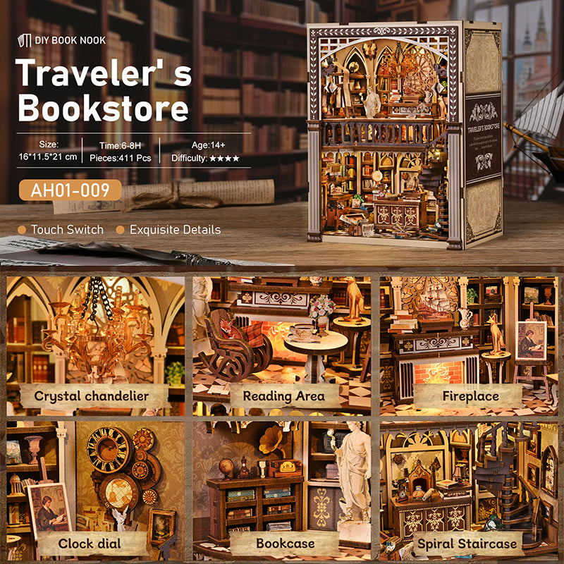 Traveler's Bookstore DIY Book Nook Kit - Vintage 3D Wooden Puzzle Dollhouse with Touch LED Light (411 PCS)