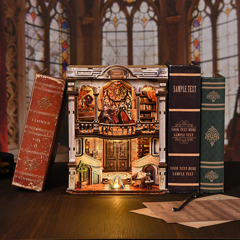 Dream Opera House - DIY Wooden Book Nook Kit with Stained Glass & Touch LED Light