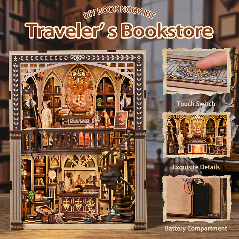 Traveler's Bookstore DIY Book Nook Kit - Vintage 3D Wooden Puzzle Dollhouse with Touch LED Light (411 PCS)