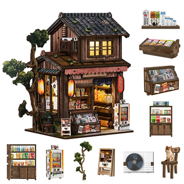Kasuga Grocery Store DIY Miniature Book Nook - Retro Japanese 3D Wooden Puzzle with Touch LED Light (209 Pcs)