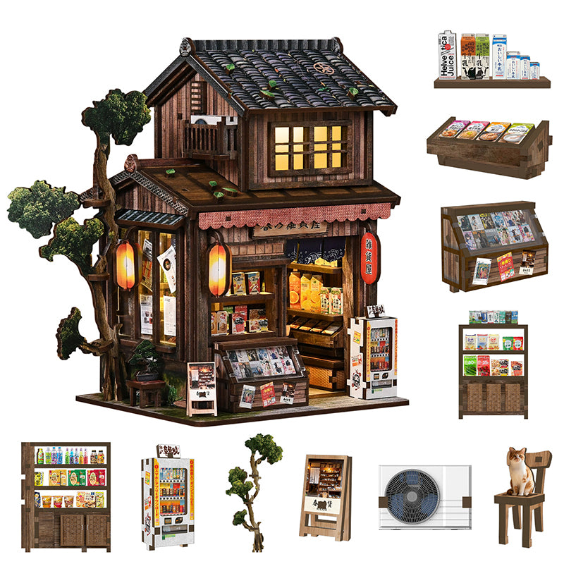 Kasuga Grocery Store DIY Miniature Book Nook - Retro Japanese 3D Wooden Puzzle with Touch LED Light (209 Pcs)