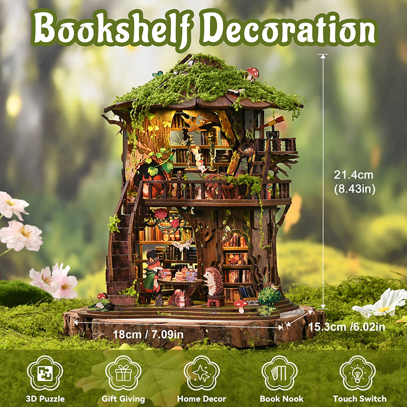 Forest Tea Book Club DIY Miniature Treehouse Kit - Magical 3D Wooden Puzzle with LED Light (410 PCS)
