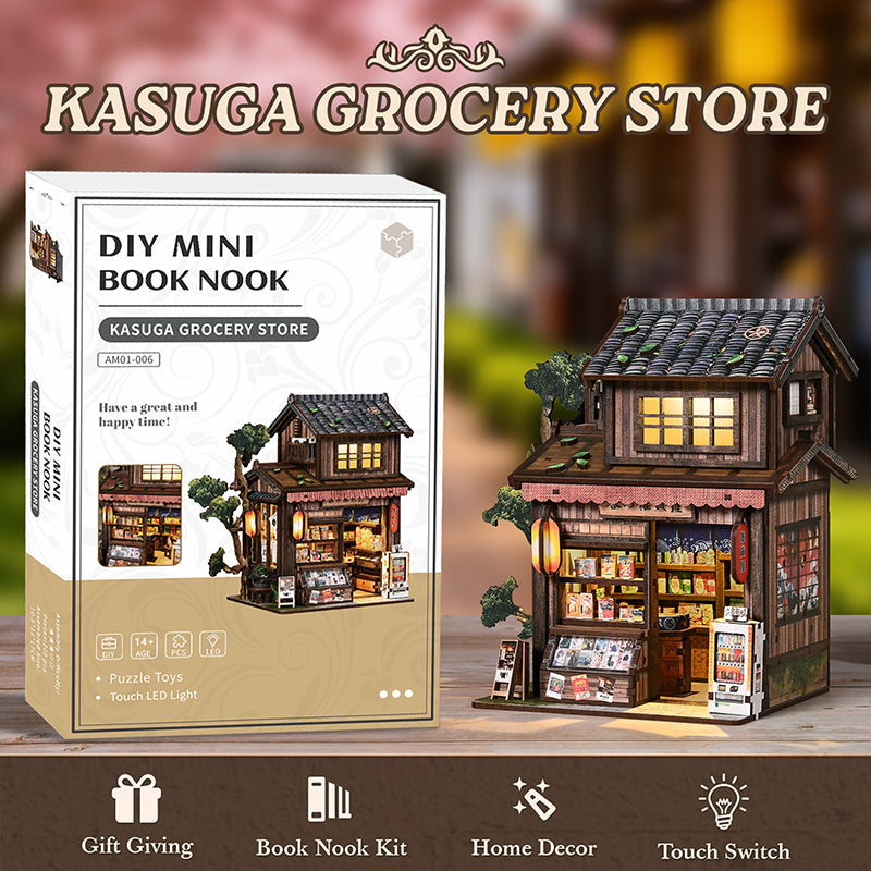 Kasuga Grocery Store DIY Miniature Book Nook - Retro Japanese 3D Wooden Puzzle with Touch LED Light (209 Pcs)