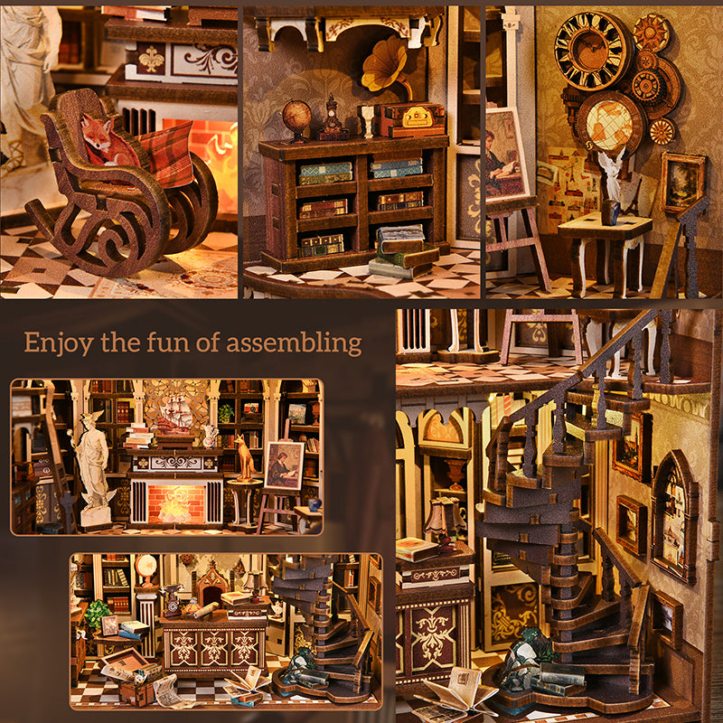 Traveler's Bookstore DIY Book Nook Kit - Vintage 3D Wooden Puzzle Dollhouse with Touch LED Light (411 PCS)