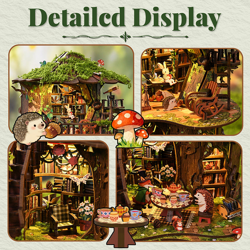 Forest Tea Book Club DIY Miniature Treehouse Kit - Magical 3D Wooden Puzzle with LED Light (410 PCS)
