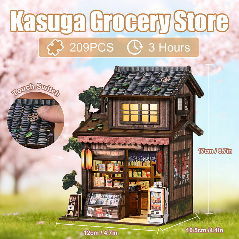 Kasuga Grocery Store DIY Miniature Book Nook - Retro Japanese 3D Wooden Puzzle with Touch LED Light (209 Pcs)