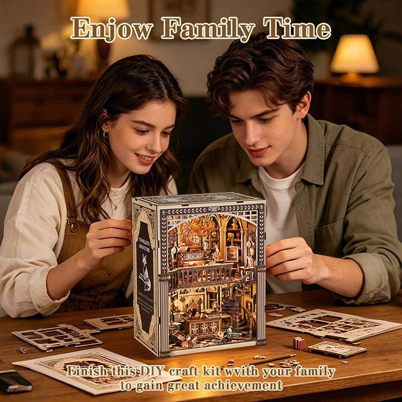 Traveler's Bookstore DIY Book Nook Kit - Vintage 3D Wooden Puzzle Dollhouse with Touch LED Light (411 PCS)