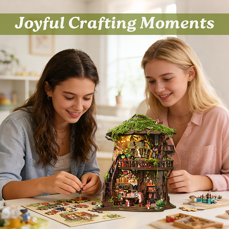 Forest Tea Book Club DIY Miniature Treehouse Kit - Magical 3D Wooden Puzzle with LED Light (410 PCS)