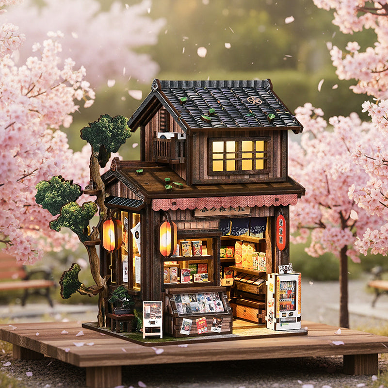 Kasuga Grocery Store DIY Miniature Book Nook - Retro Japanese 3D Wooden Puzzle with Touch LED Light (209 Pcs)