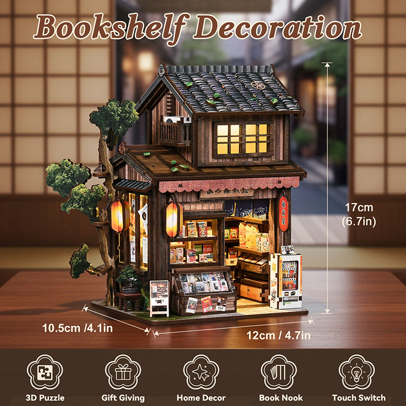 Kasuga Grocery Store DIY Miniature Book Nook - Retro Japanese 3D Wooden Puzzle with Touch LED Light (209 Pcs)