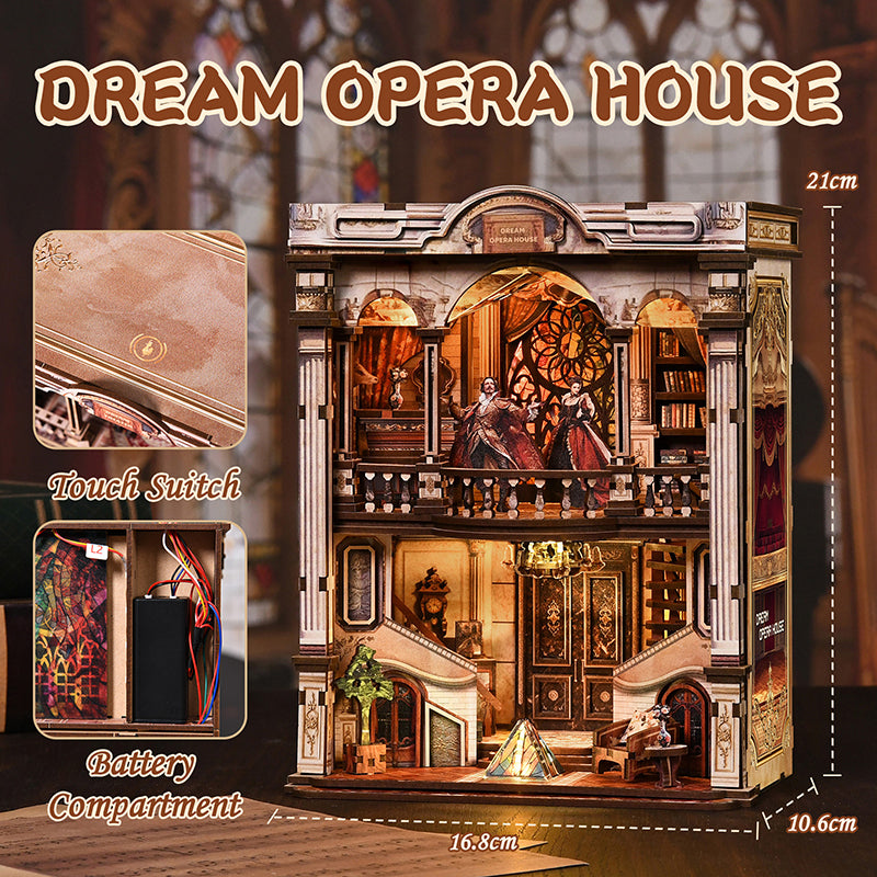Dream Opera House - DIY Wooden Book Nook Kit with Stained Glass & Touch LED Light