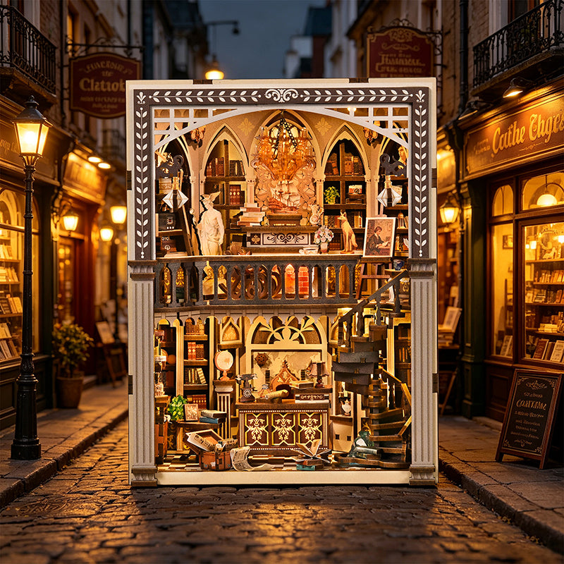 Traveler's Bookstore DIY Book Nook Kit - Vintage 3D Wooden Puzzle Dollhouse with Touch LED Light (411 PCS)