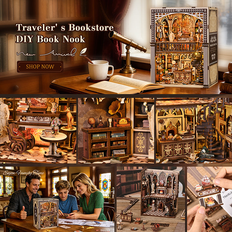 Traveler's Bookstore DIY Book Nook Kit - Vintage 3D Wooden Puzzle Dollhouse with Touch LED Light (411 PCS)
