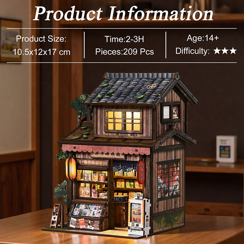 Kasuga Grocery Store DIY Miniature Book Nook - Retro Japanese 3D Wooden Puzzle with Touch LED Light (209 Pcs)