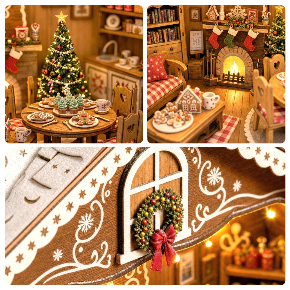 Christmas Gingerbread Cottage DIY Miniature House Kit with LED Lights