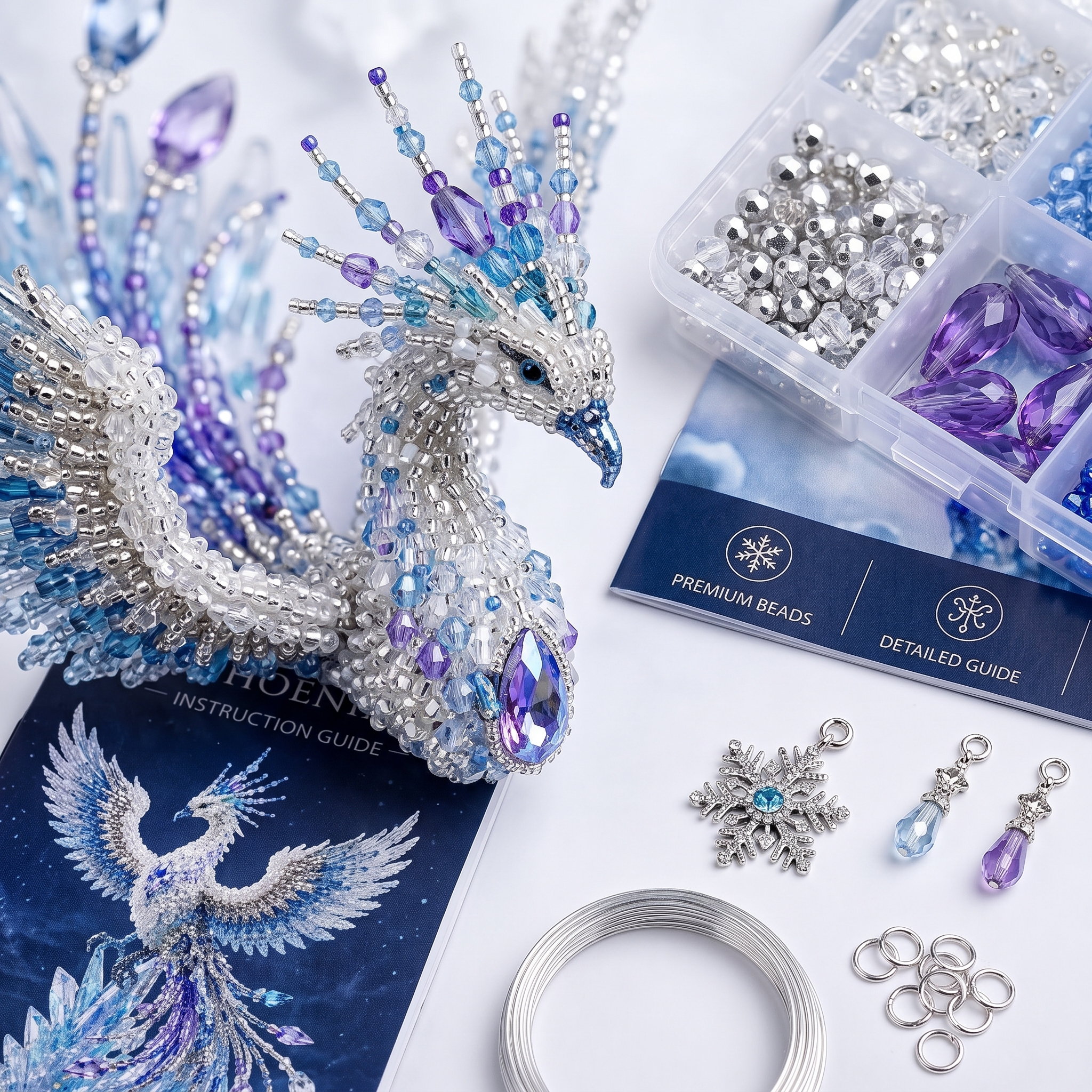 Frostfire Phoenix 3D Crystal Bead Kit | Arctic Winter Guardian Craft Sculpture