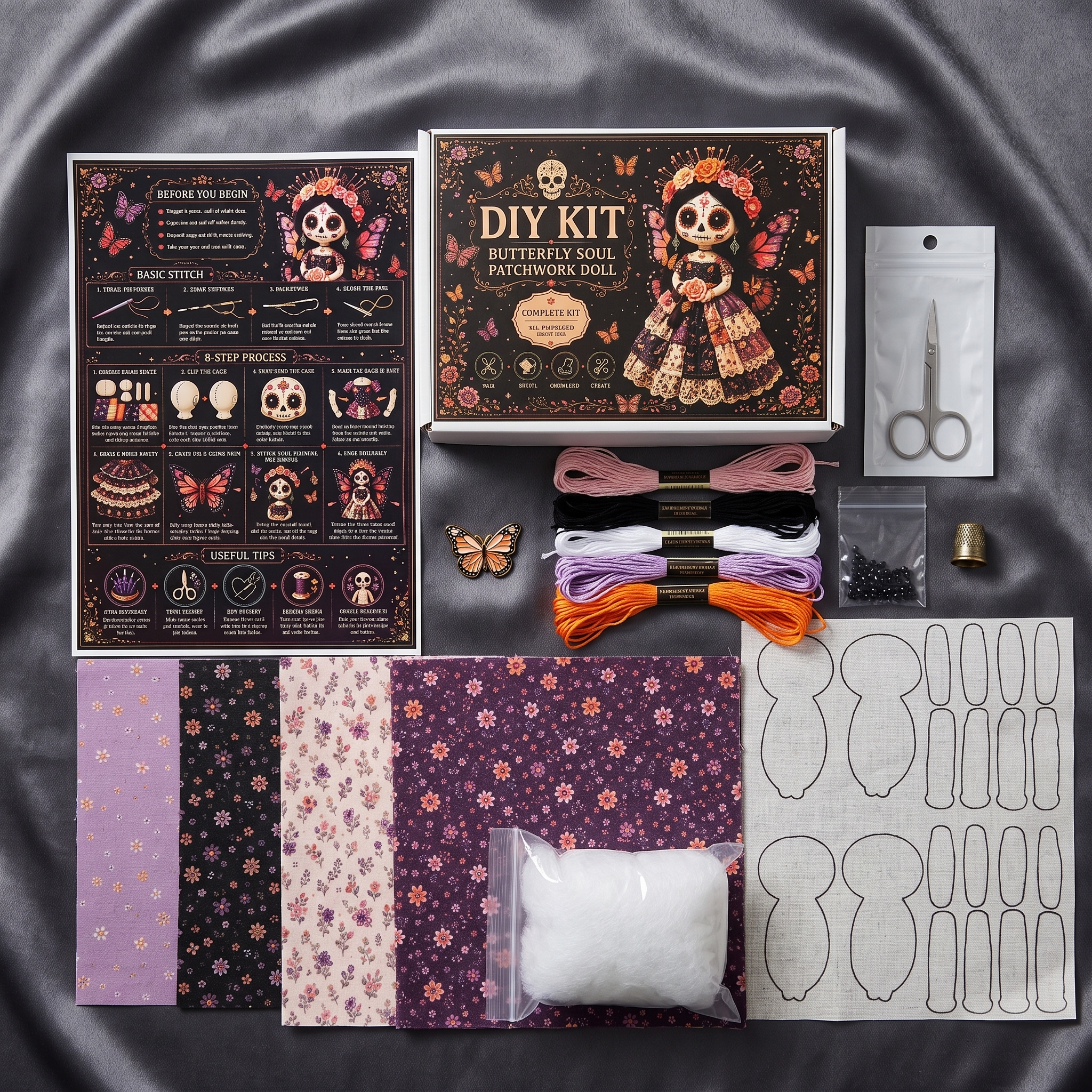Day of the Dead Patchwork Doll DIY Kit | Gothic Collectible Craft Set