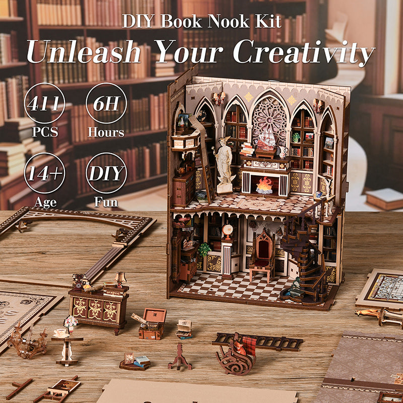 Traveler's Bookstore DIY Book Nook Kit - Vintage 3D Wooden Puzzle Dollhouse with Touch LED Light (411 PCS)