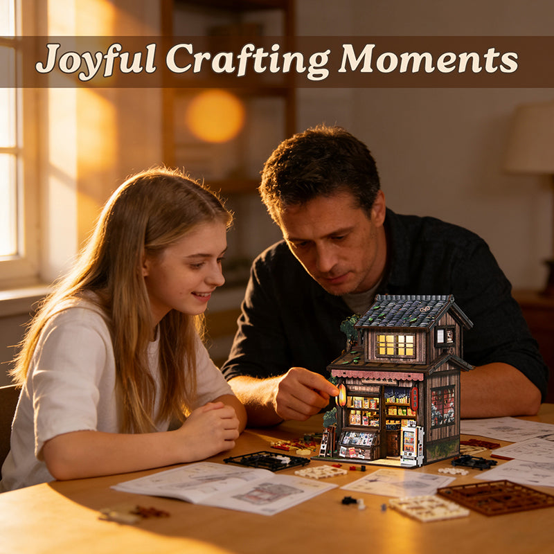 Kasuga Grocery Store DIY Miniature Book Nook - Retro Japanese 3D Wooden Puzzle with Touch LED Light (209 Pcs)