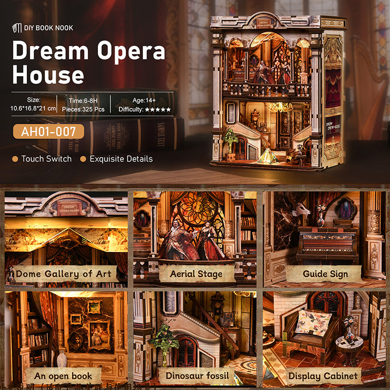 Dream Opera House - DIY Wooden Book Nook Kit with Stained Glass & Touch LED Light