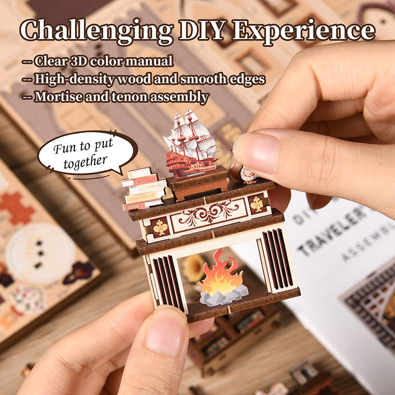 Traveler's Bookstore DIY Book Nook Kit - Vintage 3D Wooden Puzzle Dollhouse with Touch LED Light (411 PCS)