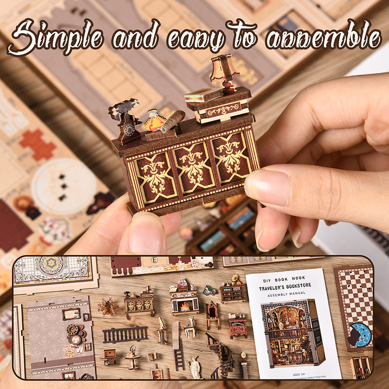 Traveler's Bookstore DIY Book Nook Kit - Vintage 3D Wooden Puzzle Dollhouse with Touch LED Light (411 PCS)