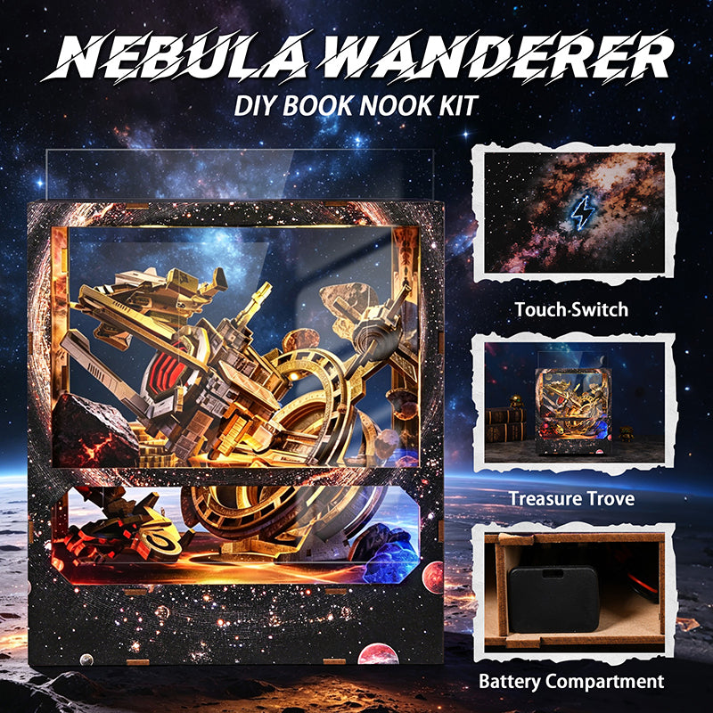 DIY Sci-Fi Book Nook Kit: "Nebula Wanderer" 3D Wooden Puzzle with Touch LED Light