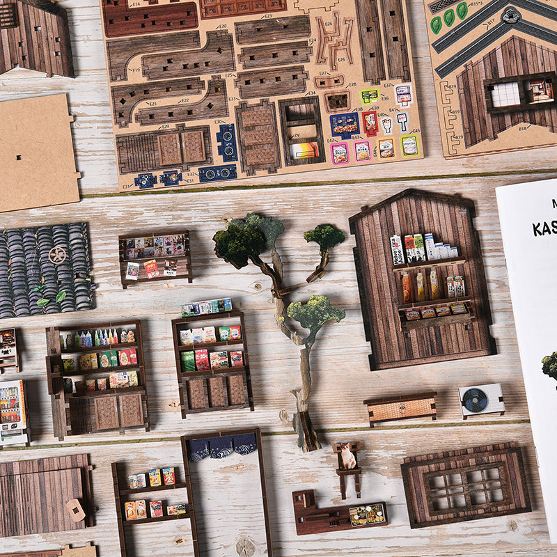 Kasuga Grocery Store DIY Miniature Book Nook - Retro Japanese 3D Wooden Puzzle with Touch LED Light (209 Pcs)