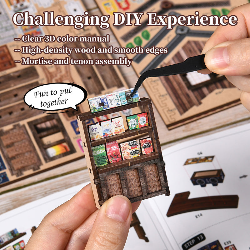 Kasuga Grocery Store DIY Miniature Book Nook - Retro Japanese 3D Wooden Puzzle with Touch LED Light (209 Pcs)