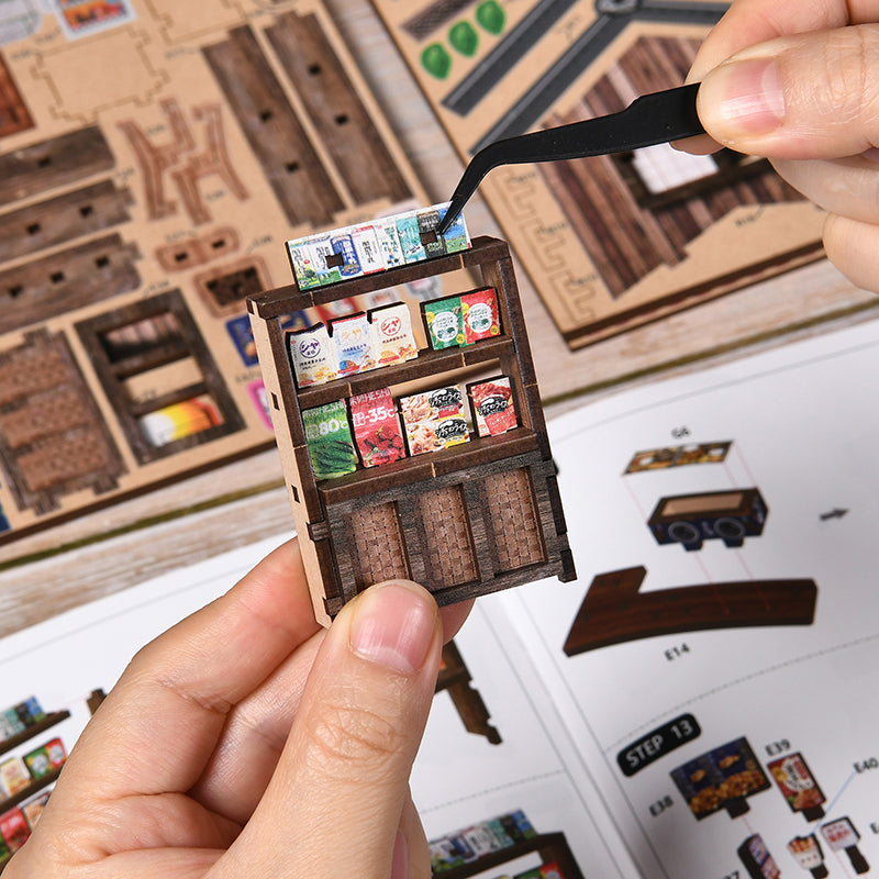Kasuga Grocery Store DIY Miniature Book Nook - Retro Japanese 3D Wooden Puzzle with Touch LED Light (209 Pcs)