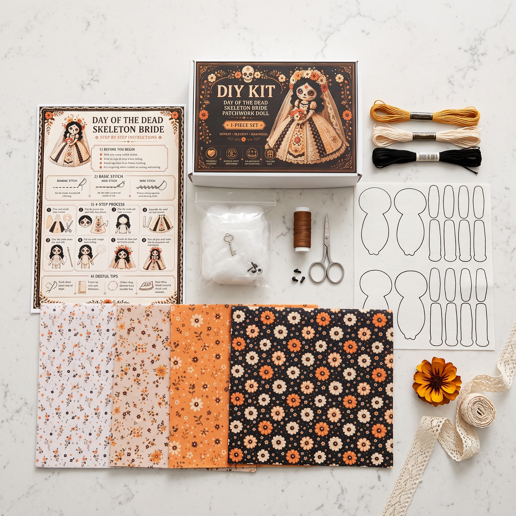 Day of the Dead Patchwork Doll DIY Kit | Gothic Collectible Craft Set