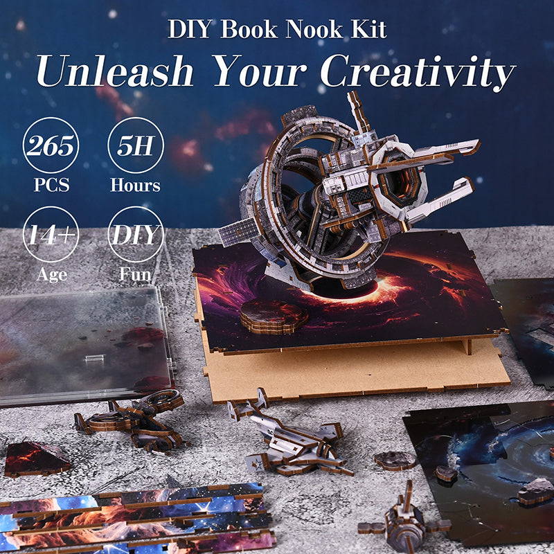 DIY Sci-Fi Book Nook Kit: "Nebula Wanderer" 3D Wooden Puzzle with Touch LED Light